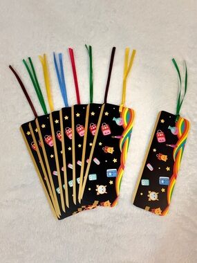 Hand Crafted Kids Bookmarks with Rainbow Edge and Multicolor Ribbons